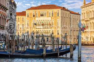 Gondolas moored in the Grand Canal near the University of Venice