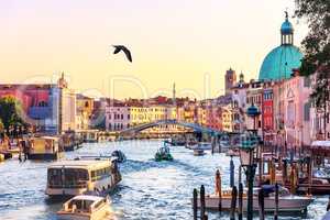 Scalzi bridge and the Grand Canal with vaporetto, gondolas, boat