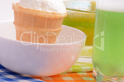 Vanilla Ice Cream in bowl Homemade Organic product. Green Juice
