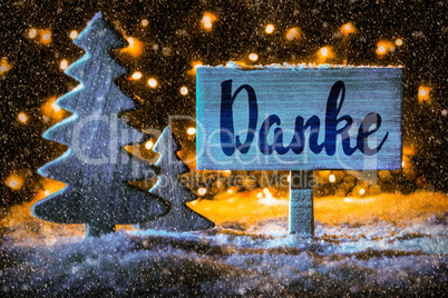 Sign, Christmas Tree, Snow, Calligraphy Danke Mean Means Thank You