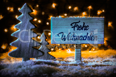 Sign, Tree, Calligraphy Frohe Weihnachten Means Merry Christmas, Snow