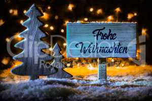 Sign, Tree, Calligraphy Frohe Weihnachten Means Merry Christmas, Snow