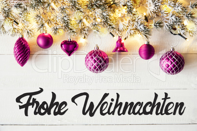 Purple Balls, Calligraphy Frohe Weihnachten Means Merry Christmas