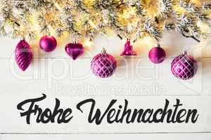 Purple Balls, Calligraphy Frohe Weihnachten Means Merry Christmas