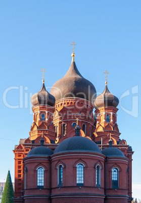 Orthodox assumption Cathedral of red brick. Winter Sunny day, blue sky in the background. Russia, Tula