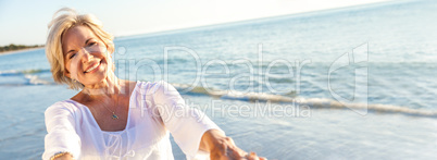 Happy Senior Woman Dancing Tropical Beach Panorama