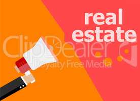 Real estate. Hand holding megaphone and speech bubble. Flat design