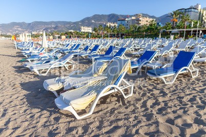 Beach chairs stands on the coast of Antalya / Turkey