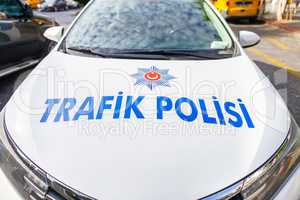 Police car from the turkish police Trafik Polisi stands on a street