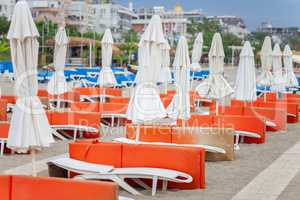 Beach chairs stands on the coast of Antalya / Turkey
