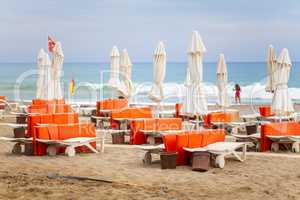 Beach chairs stands on the coast of Antalya / Turkey
