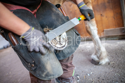 a blacksmith works on a horse hoof