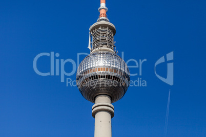 BERLIN / GERMANY - APRIL 29, 2018: The Fernsehturm (English: Television Tower) is a television tower in central Berlin, Germany