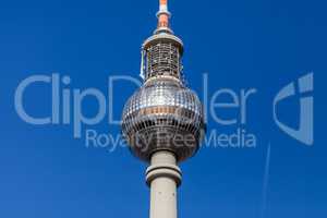 BERLIN / GERMANY - APRIL 29, 2018: The Fernsehturm (English: Television Tower) is a television tower in central Berlin, Germany