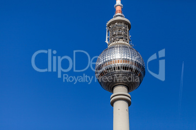 BERLIN / GERMANY - APRIL 29, 2018: The Fernsehturm (English: Television Tower) is a television tower in central Berlin, Germany