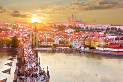 Charles Bridge and Lesser Town of Prague, view from Old Town Bridge Tower at sunset