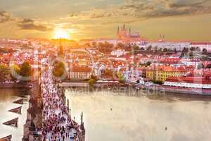 Charles Bridge and Lesser Town of Prague, view from Old Town Bridge Tower at sunset