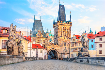 A view of the bridge tower at the end of the Charles Bridge on the side of Mala Strana, Prague