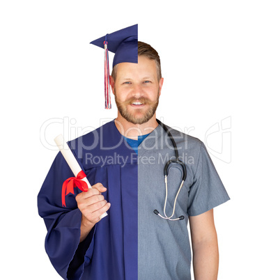 Split Screen of Caucasian Male As Graduate and Nurse Isolated