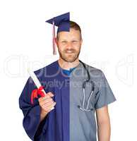 Split Screen of Caucasian Male As Graduate and Nurse Isolated