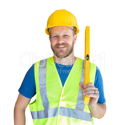 Caucasian Male Contractor With Hard Hat, Level and Safety Vest