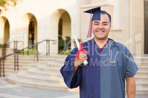 Split Screen of Hispanic Male As Graduate and Nurse On Campus