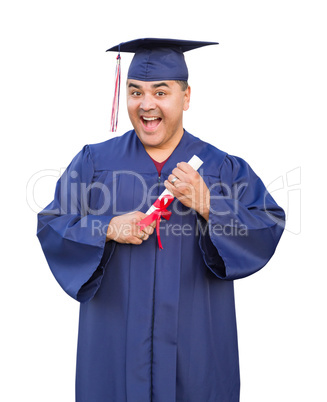 Hispanic Male With Deploma Wearing Graduation Cap and Gown Isolated