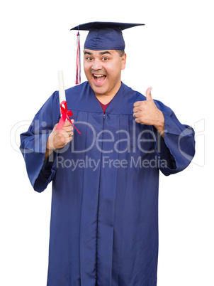 Hispanic Male With Deploma Wearing Graduation Cap and Gown Isolated