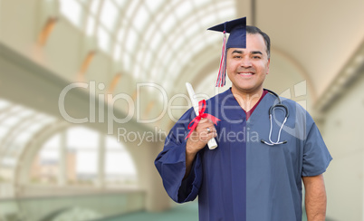 Split Screen of Hispanic Male As Graduate and Nurse On Campus