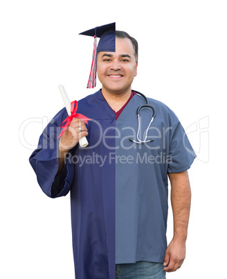 Split Screen of Hispanic Male As Graduate and Nurse Isolated