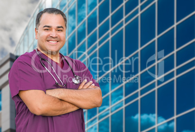 Hispanic Male Nurse In Front Of Hospital Building