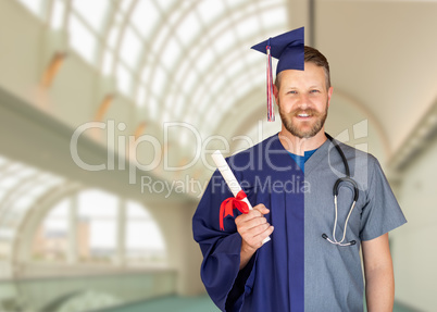 Split Screen of Caucasian Male As Graduate and Nurse On Campus