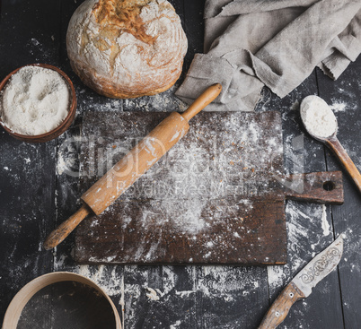 baked bread, white wheat flour, wooden rolling pin