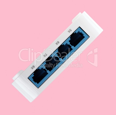 White 8 Port Plastic Ethernet Switch isolated on pink background