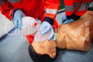 German paramedic trains emergency basics on a puppet