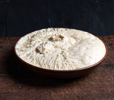 yeast dough in a ceramic plate on a brown board