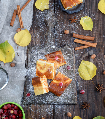 baked square pieces of pumpkin cheesecake