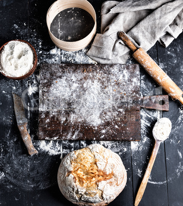 baked bread, white wheat flour, wooden rolling pin