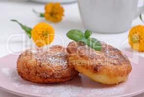 round roasted cottage cheese roasted in a pink ceramic plate
