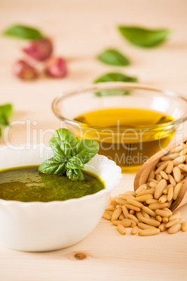 Closeup of pesto genovese sauce with fresh basil and pine nuts