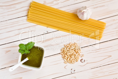 Pesto genovese and linguine pasta, pine nuts and garlic