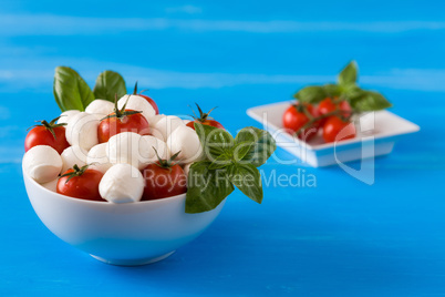 Fresh mozzarella, cherry tomatoes and basil in a bowl