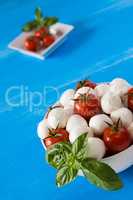 Closeup of fresh mozzarella, cherry tomatoes and basil in a whit