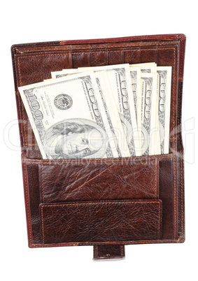 Leather Purse with dollars Isolated