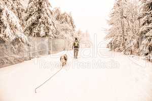 Mann mit Hund im Winter Schnee