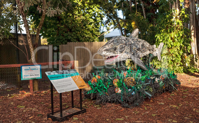 Chompers the Shark Sculpture made of garbage found in the ocean