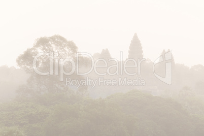 Aerial view of Angkor Wat in mist