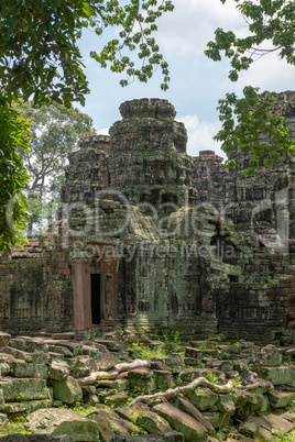 Entrance of ruined temple framed by trees