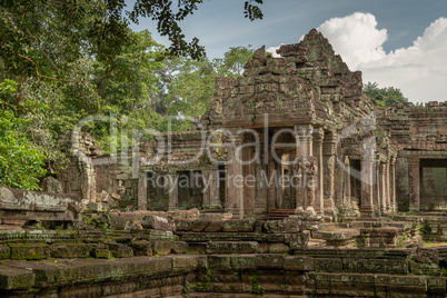 Facade of ruined stone temple in trees