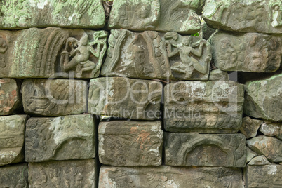 Jumble of decorated stone blocks from temple